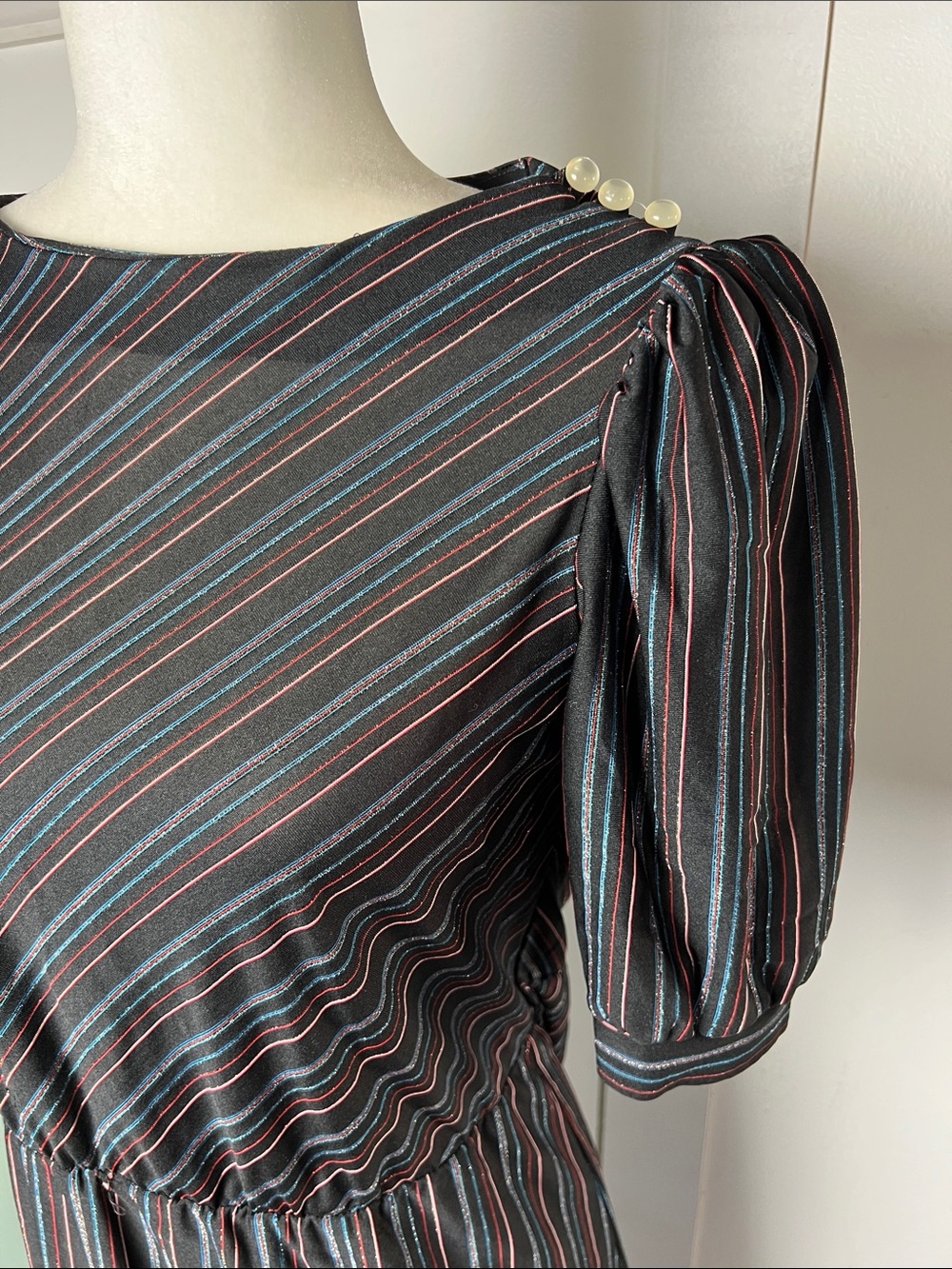 Vintage 80s Disco Striped Black Puff-Sleeve Midi Dress